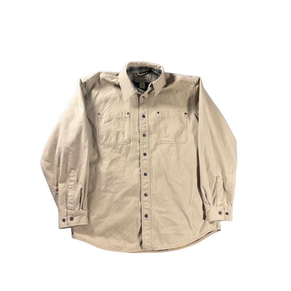 LL Bean Mens Flannel Lined Canvas Shirt Jacket Tan Khaki Plaid Large L-REG DFFAG